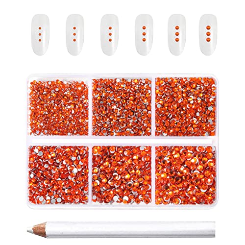 Beadsland 7200 Pcs Flatback Rhinestones for Nails,Orange Round Small Crystal Glass Rhinestones Gems for Crafts,Mixed 6 Sizes with Wax Pencil Kit,SS3-SS10,Hyacinth/Orange