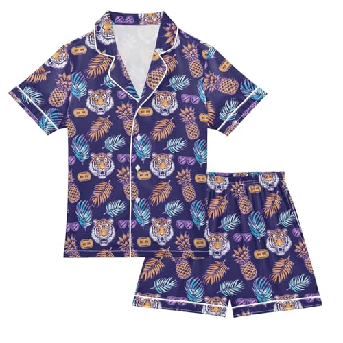 Pineapple Tiger Summer Satin Pajama Set, Cute Button-Down Sleepwear Pj Set for Sleep Wears