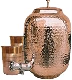 The India's Store Distributore d'acqua in rame martellato puro con rubinetto, 2 brocca in vetro argentato Touch Matka, brocca in rame con rubinetto, 8 litri