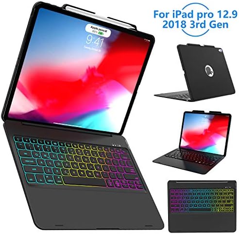 iPad Pro 12.9 Keyboard Case 2018 3rd Gen -[Support Apple Pencil Charging], 7 Color Backlit Wireless Keyboard with 135° Smart Folio Hard Back Cover, Ultra Slim,Auto Sleep/Wake(Not for 2017/2015)