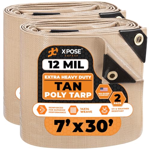 Heavy Duty Tan Poly Tarp 7' X 30' (2-Pack) - Multipurpose Protective Cover - Durable, Waterproof, Weather Proof, Rip and Tear Resistant - Extra Thick 12 Mil Polyethylene - by Xpose Safety
