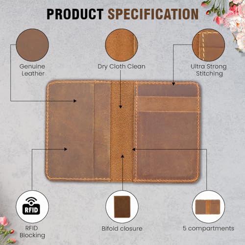 Slim Minimalist Bifold Wallet for Men & Women, RFID Blocking, Thin slim Bifold Design, Genuine Leather, Ultra Strong Stitching, Small Elastic Credit Card Holder for Front Pocket (Brown, Card Carry)3
