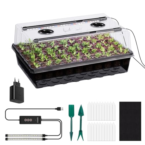 ROCKY&CHAO 60-Zellen selbstbewässerndes Zimmergewächshaus Anzuchtset mit Pflanzenlampe, Mini Gewächshaus für Anzucht & Sämlinge, 42 × 27.6 × 19.3 cm, AC