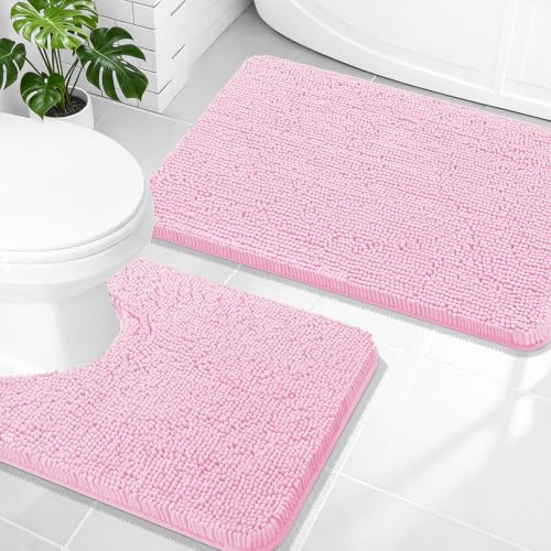 Image of OLANLY Bathroom Rugs Sets 2 Piece, Soft Absorbent Chenille Bath Mats and U-Shaped Contour Toilet Mat Area Rug Set, Machine Washable Bath Carpet, Home Decor Accessories(30 inchx20 inch+24 inchx20 inch, Pink)