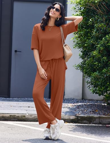 Image of Ekouaer Lounge Sets for Women Short Sleeve Tops and Long Pants Soft Comfy Pajamas Set 2 Piece Outfits