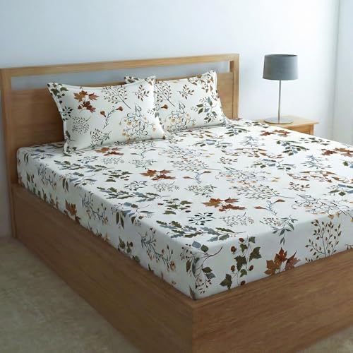 Image of Home Sizzler Microfibre Autumn Floral Printed All-Around Elastic Fitted King Size Bedsheet (72 X 78) with 2 Pillow Covers - White /Earthy Tones