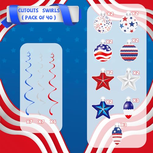 Image of 48 PCS 4th of July Hangings Swirl Decorations, Independence Day Patriotic Party Supplies, No DIY Ceiling Streamers Decor for Holiday Birthday Wedding Veteran Day Tree Red White Blue Decorations