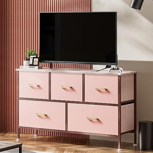 5 Drawers Dresser for Bedroom, Pink Dresser with Fabric Drawers, Chest of Drawers with PU Finish, Metal Handle, Storage Organizer Unit for Closet, Kids Room, Living Room, Tv Stand up to 43”, Pink