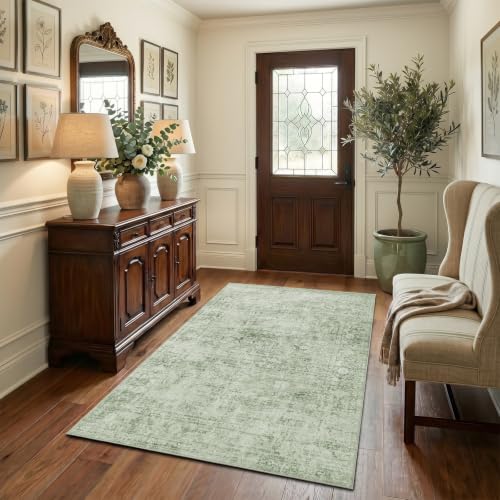 Homemate Washable Rug 3x5 Area Rugs - Vintage Rugs for Living Room | Faux Wool Low Pile Rugs for Bedroom Dining Room, Non Slip Foldable Carpet Indoor Area Rug for Home Decor（3'x5', Sage Green)