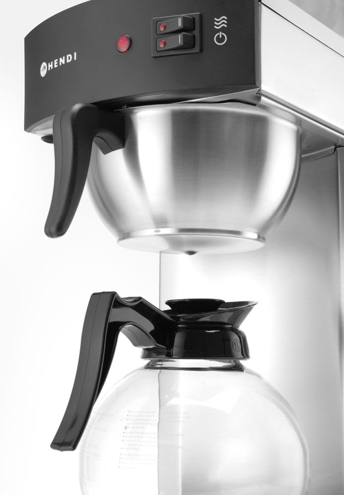 HENDI Cafetera de goteo, eléctrica, para café molido de filtro, incluye 100 filtros de papel y 2 jarras de vidrio de 1,8L, cafetera de filtro, 230V, 1400W, 383x220x(H) 465mm, acero inoxidable