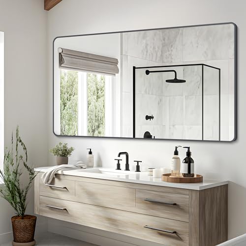 30″ x 60″Bathroom Mirror, Matte Black Wall Mirror with Metal Frame, Decorative Rectangular Vanity Mirror for Bedroom Bathroom Living Room Entryway (Horizontal)