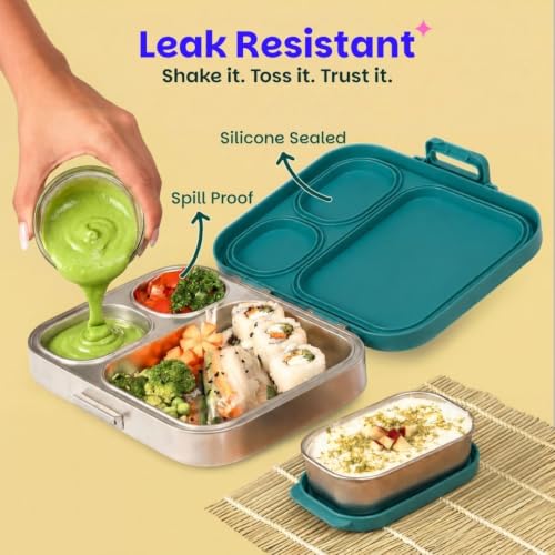 Image of Basil Bento Box Quad Plus - 3+1 Compartment Stainless Steel Lunch Box (1020ml) with BPA-Free Lid | Leak-Proof Tiffin for Kids & Adults | Premium Lunch Box for School, Office & Picnic - Bengal Bagh