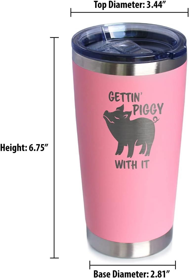 Bevvee Gettin Piggy - Insulated Coffee Tumbler Cup with Sliding Lid - Stainless Steel Insulated Mug - Pig Themed Coffee Gifts - Pink
