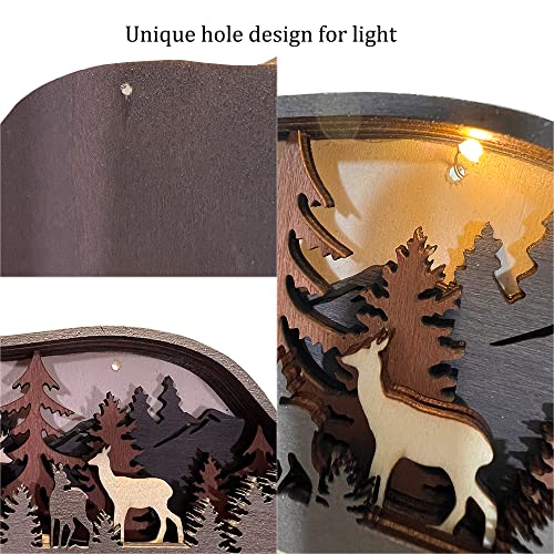 Annoomm Forest Bear Decor Animal Wooden Bear Statues And Figurines Home Ornament Multilayer Woodland Bear Silhouette And Sculpture,Bear Decoration For Shelf Table And Desk Wood (Bear+Light) #TOP2