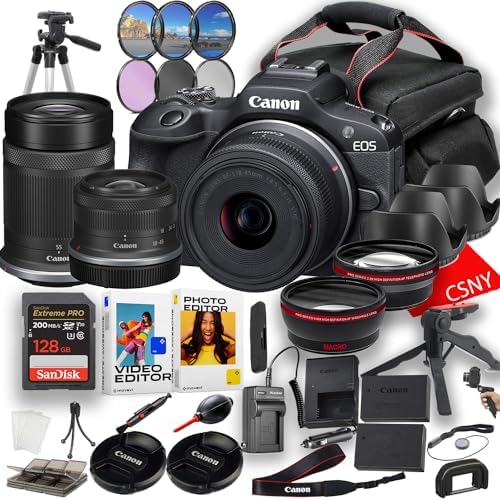 Canon EOS R100 Mirrorless Camera with 18-45 Lens + 55-210mm Lens + 128 GB Memory + Pro Series 0.43x Af Wideangle Lens + Pro Series 2.2X Af Telephoto Lens + Filters + Tripod + More (32 pc Bundle)