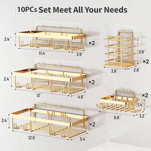 Image of Liuoud 10 Pack Shower Caddy Organizer Rack Shelf for Inside Shower, Self Adhesive Wall Storage Basket Rustproof Stainless Steel Shampoo Holder Bathroom Accessory Decor Set, Bright Gold