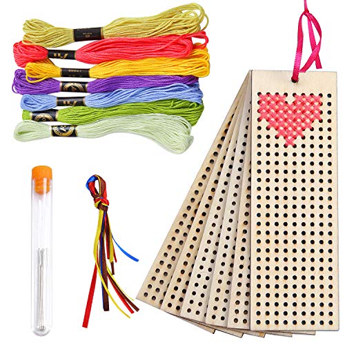 URATOT 6 Pack Wooden Cross Stitch Kits Wood Bookmark Cross Stitch For Children's Arts, Crafts And Christmas Decorating(Rectangle)