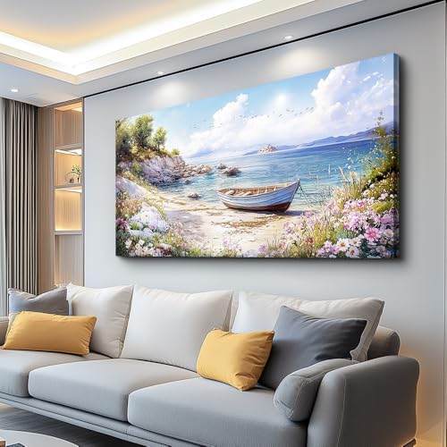 QIYILEXWART Canvas Wall Art For Living Room Wall Decor For Bedroom Office Wall Decoration Seaside Landscape Painting Boat Pictures Artwork Room Aesthetic Home Decor 20x40 In