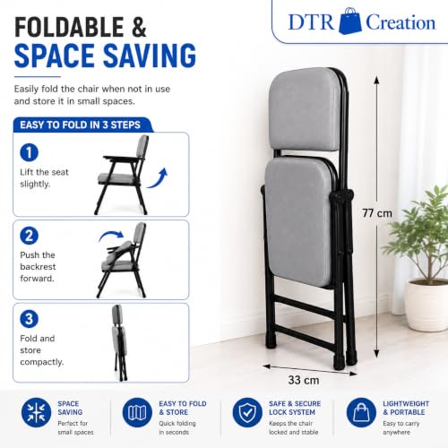 Image of Foldable Cushioned Chair with Armrests | Heavy Duty Metal Frame | Soft Padded Seat & Backrest | Space Saving Folding Chair for Home, Office, Study & Guest Seating | Grey