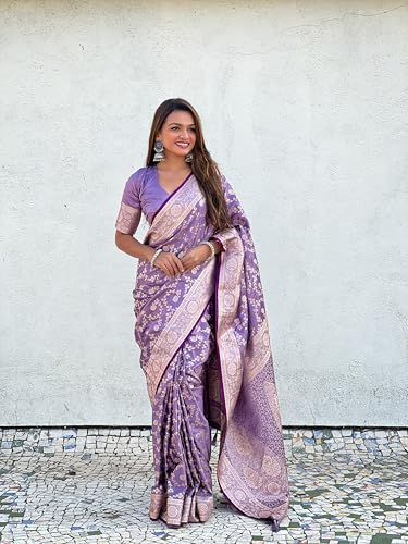 Image of Banarasi Satin Silk Zari Woven Dusty Color Saree with Unstitched Blouse Piece