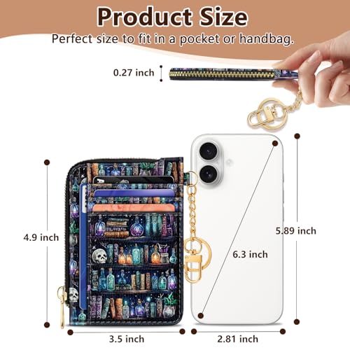 Image of GIANCOMICS Slim Wallet Credit Card Holder Women, Goth Bookshelf Rfid Blocking Small Card Case, Keychain Thin Pocket Curved Zipper Wallet, Travel Card Holder PU Leather ID Window, Ladies Female Gifts