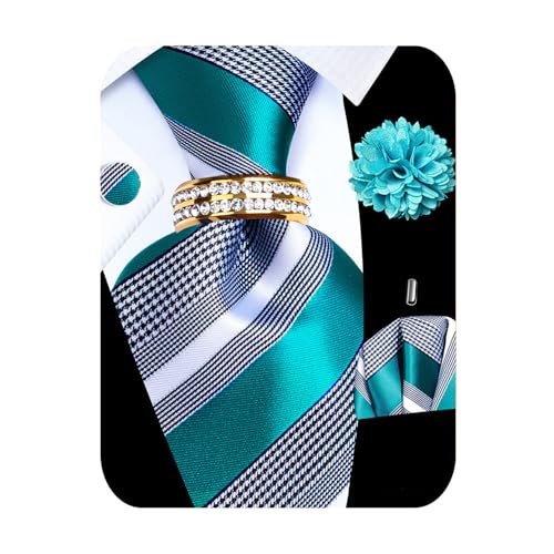 Image of 5PCS Mens Silk Tie, Pocket Square, Cufflinks, Drilled Tie Ring and Lapel Pin Set for Wedding Groom Party