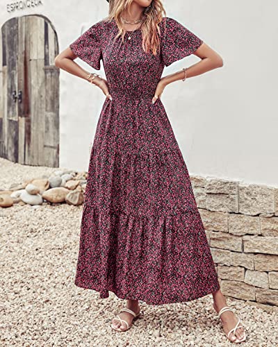 Prettygarden Women's Summer Casual Short Flutter Sleeve Round Neck Smocked Waist Tiered Boho Floral Flowy Maxi Dress(Medium, Floral Black And Red) #TOP7