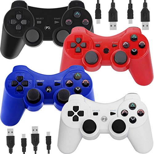 Wireless Controllers for PS3 Dual Shock,Remote Joystick Gamepad for Six-axis with Charging Cable,Pack of 4 (Black,White,Blue,Red)
