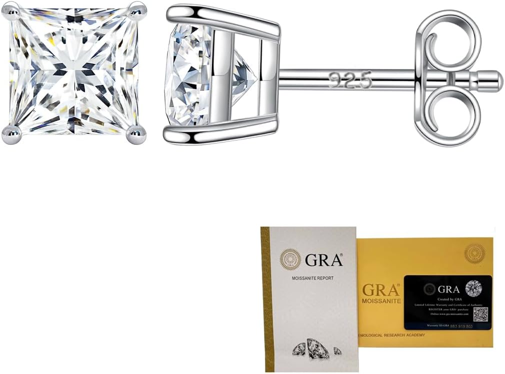 Savlano 925 Sterling Silver Moissanite Stud Earrings, 3-6MM Princess Cut 0.4-2.36CT D Color VVS1 - Comes with A GRA Certificate & Gift Box - Made in Italy