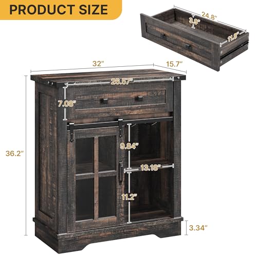 DWVO Farmhouse Coffee Bar Cabinet, Sideboard Buffet Cabinet with Drawer & Adjustable Shelves, Storage Cabinet with Sliding Barn Door for Kitchen and Living Room, Dark Rustic Oak
