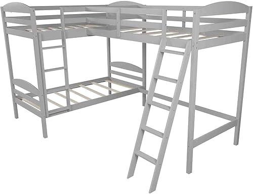 Miniatura 4 de Cotoala Litera y cama tipo loft de tamaño individual en forma de L marco de cama de madera con escalera para dormitorio de niños diseño de ahorro de