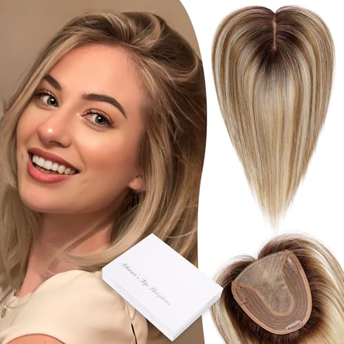 BLONDE UNICORN 5"*5.5" Base Human Hair Ombre Blonde Highlight Middle Part Hair Toppers for Women with Thinning Hair Cover 14IN