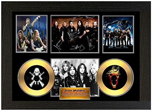 IRON MAIDEN - A3 SIGNED FRAMED GOLD VINYL COLLECTORS CD DISPLAY DISC