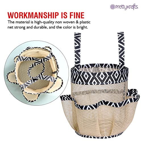 Image of PRETTY KRAFTS Mesh Shower Caddy Tote Bag 8 Pockets, Hanging Portable Toiletry Bag for Men and Women, College Dorm Essentials Quick Dry Bath Organizer for College Dorms, Gym, Camp - Beige Black