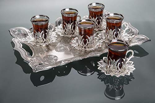 LaModaHome Turkish Arabic Tea Glasses Set of 6 with Saucers and Holders - Fancy Vintage Silver Handmade Set for Serving, Gift, Teatime