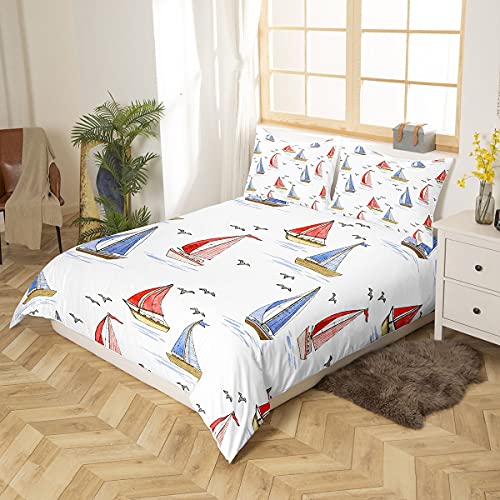 Sailboat Bedding Set Seagull Comforter Cover for Kids Boys Girls Teens Nautical Duvet Cover Ocean Marined Breathable Bedding & Linen Summer Holiday Bedding & Linen Double Size - Image 2