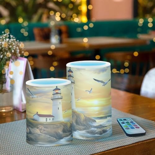 Image of Lighthouse Ocean Seagulls Sailboat Flickering Flameless Candles LED Battery Operated with Remote Timer Pillar Candles for Home Birthday Wedding Christmas Decor, Set of 2