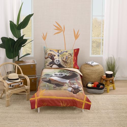 Image of DreamWorks Kung Fu Panda Dragon Warrior Red and Gold Po and Friends 4 Piece Toddler Bed Set - Comforter, Fitted Bottom Sheet, Flat Top Sheet, and Reversible Pillowcase