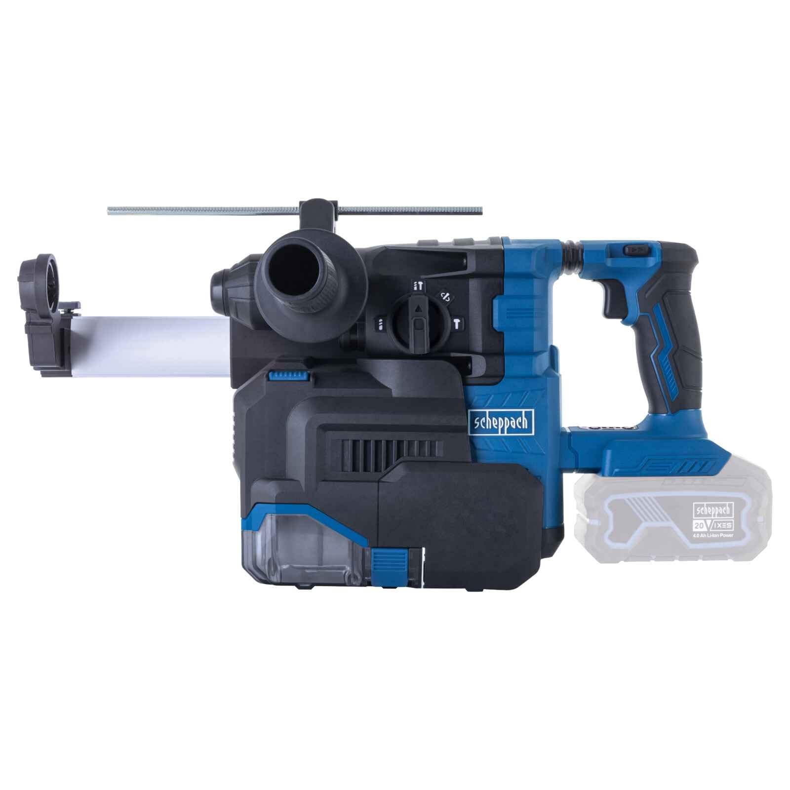 Scheppach Akku Bohrhammer BC-DH300DFS-X mit Absauganlage | 4in1 Meißelhammer Bohren, Meißeln, Hammerbohren & Ausrichtung | 2,8 J - 4440 bpm | 20V-IXES-Serie | 10 Jahre Garantie | Ohne Akku & Ladegerät
