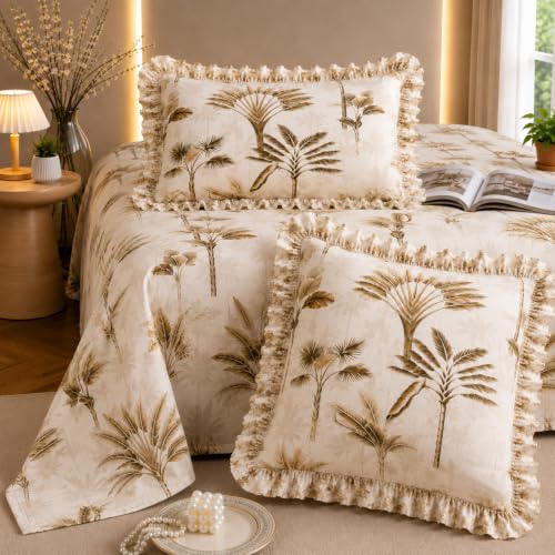 Image of Fitted Bedsheet Queen Size 300 TC Soft Cotton Feel Microfiber All Around Elastic Fitted Double Bedsheet with 2 Frill Pillow Covers | Size (60x78) Dates Tree
