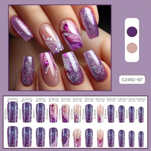 AstraGlam 24 Stück Press On Nails in Lila mit Kurvenlinien – Mittellange Eckige Kunstnägel mit Strass, Roter Farbverlauf, Glänzendem Gel-Look und Sternenhimmel Design, Nägel zum Aufkleben