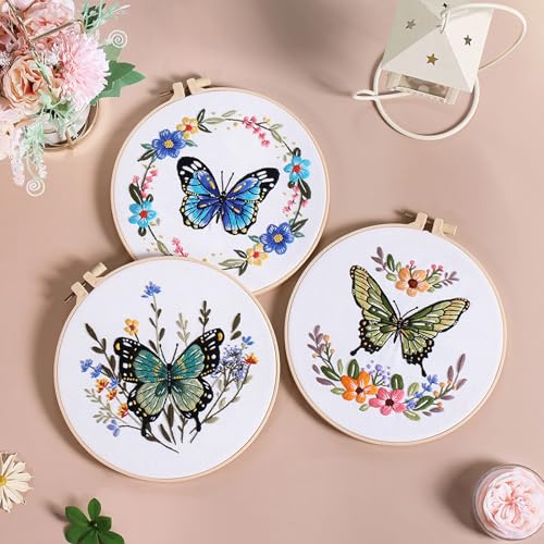 Image of GLTAYLMY 3 Sets Butterfly Embroidery Starter Kit for Beginners Flower Stamped Cross Stitch Kits with Instructions for Beginners Adults Include Embroidery Hoop Threads and Needles