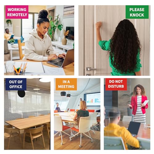 Image of Office Door Signs Do Not Disturb, Please Knock, In A Meeting, Out Of Office, Working Remotely 5 Options Privacy Door Slider Sign for Meeting & Conference Room Frosted Silver