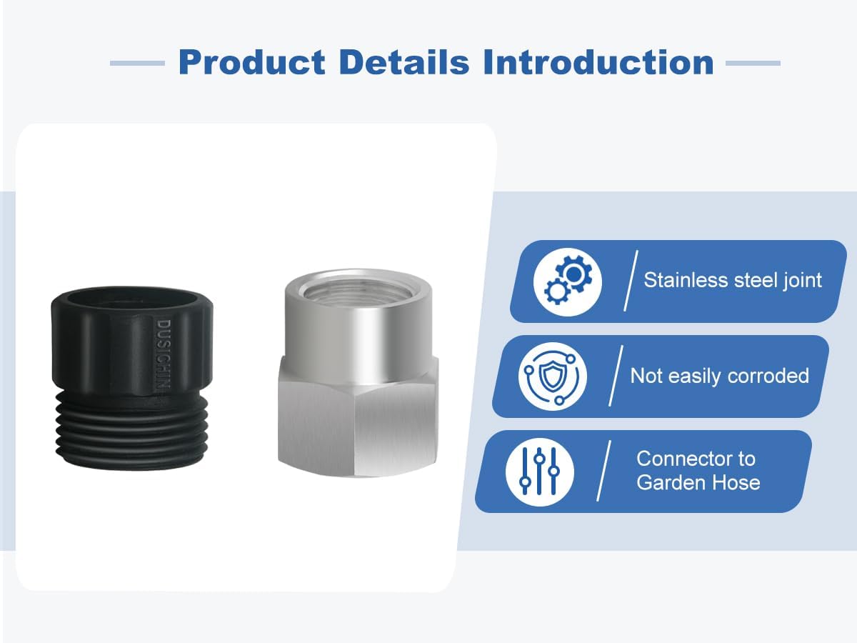 DUSICHIN Garden Hose Connector to Pressure Washer Gun Water Hose Adapter Stainless Steel 304, 3/4 INCHES GHT Male Female to Power Washer Wand M22 Thread, Female Fitting 3/4" GHT To M22 Joint DUS2630