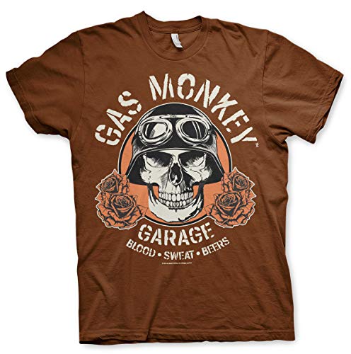 Gas Monkey Garage Licenza Ufficiale Skull Uomo Maglietta (Marrone), Medium