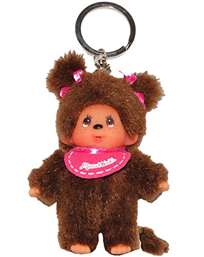 alles-meine.de GmbH Monchhichi - Anhänger/Schlüsselanhänger - Mädchen mit Lätzchen - pink - 2 Zöpfe/Schleifen - Schlüsselring & Dekofigur - Hänger - Aufhänger - Taschenan..