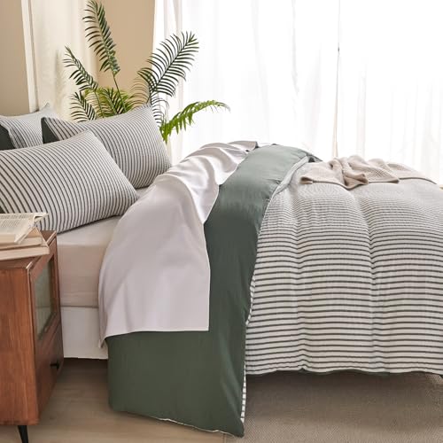 Image of Dark Green Striped Comforter Set King - 3 Pieces Bedding Comforter Set for All Season, Soft Lightweight Washed Microfiber, 1 Striped Comforter and 2 Pillowcases (Dark Green, King Size)