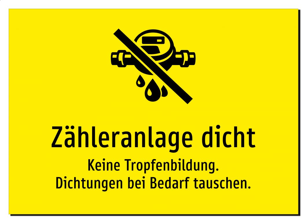 31123-DE-S-09 | Zähleranlage dicht - Keine Tropfenbildung. Dichtungen | Aluminiumschild A2, 594 x 420mm | mit Symbolgrafik und Text