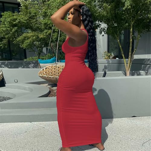 Image of Nimsruc Women Casual Sexy Deep U Neck Tank Top Bodycon Dress Summer Sleeveless Wrap Long Basic Party Club Maxi Dresses