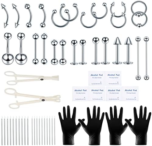 58PCS Body Piercing Kit Surgical Steel 14G 16G BCR CBR Labret Lip Rings Cartilage Daith Earrings Belly Button Rings Nose Septum Piercing Jewelry Needles Gloves Clamps Tools
